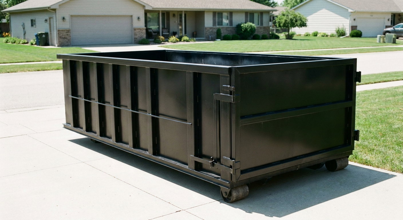 Matte-black 10-yard roll-off dumpster on a residential concrete driveway in Scituate, uniformly painted matte black across every panel and rail, ribbed steel sidewalls and rear swing door visible, mid-day daylight.