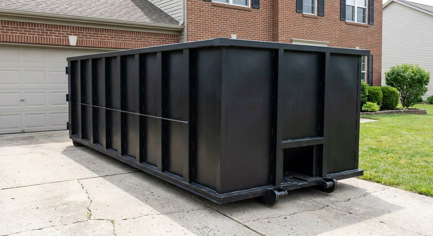 Matte-black 20-yard roll-off container on a Scituate residential concrete driveway with reinforced ribbed steel sidewalls and a hinged rear walk-in door, clean bright daylight.