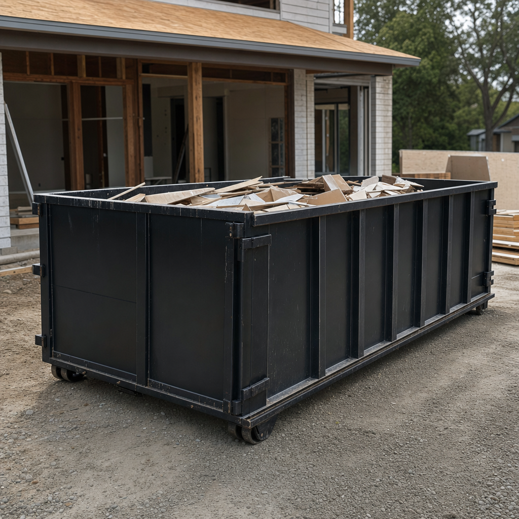 Large matte-black 30-yard construction roll-off dumpster at an active Scituate jobsite, steel-gray top rails and bottom rollers visible, loaded with construction debris.