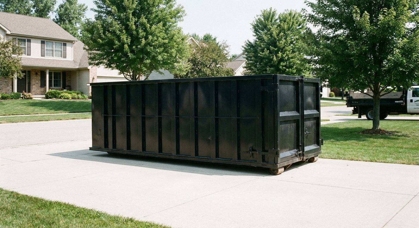 Matte-black 20-yard roll-off dumpster sitting level on a clean Scituate residential concrete driveway under bright daylight, demonstrating clean placement directly on the concrete.