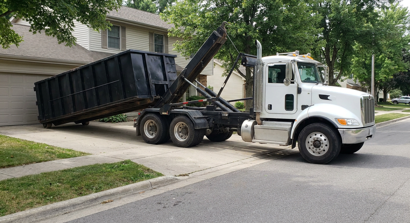 White-cab hooklift roll-off truck actively lowering a matte-black dumpster onto a Scituate residential concrete driveway, the dumpster's rear wheels touching the driveway as the hoist arm tilts the bed forward, mid-morning daylight.